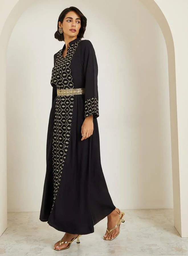 Amirah Women Black Embroidered Front Panel Belted Jalabiya